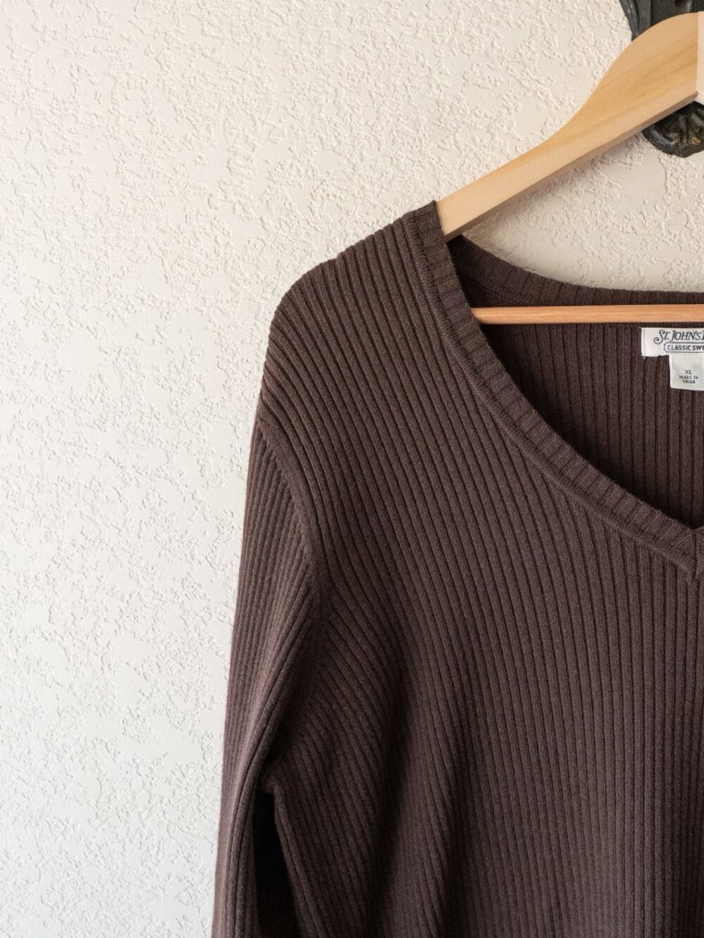 St John's Bay Sweater Womens XL Brown Ribbed V Neck Cotton Knit Pullover - Picture 5 of 14
